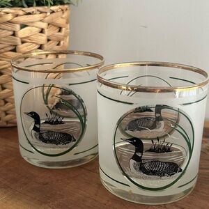 Jerry Raedeke Loon Duck Frosted Glasses with Gold Rim set of 2